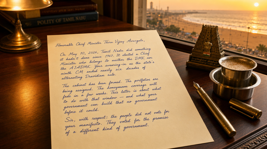 A handwritten letter on a wooden desk beside a brass pen and filter coffee, with Marina Beach visible through the window at golden hour