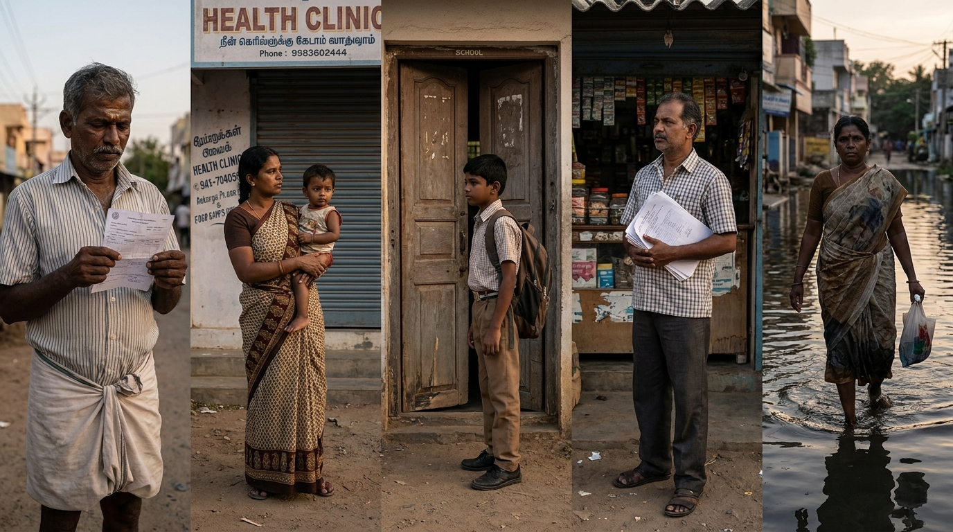 Five Tamil Nadu citizens each facing unanswered civic needs — a farmer, mother, student, shop owner, and flood-affected resident