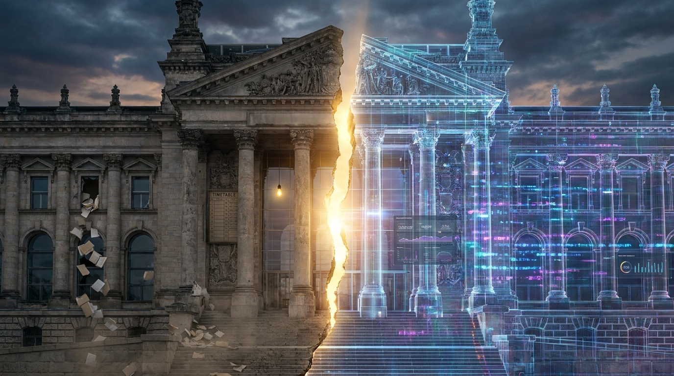 A government building split in two — one half buried in dusty paper files, the other transformed into a glowing digital structure with flowing data streams