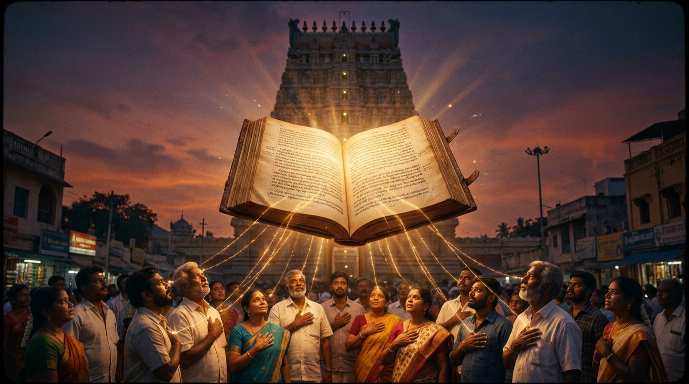 A glowing open ledger floats above Tamil Nadu citizens in a public square, luminous threads connecting the book to each person, temple architecture in the background