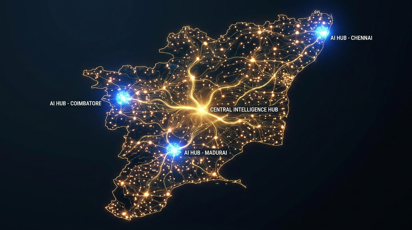 Tamil Nadu from above rendered as a living circuit board — glowing urban AI nodes connected by golden lines to warm amber rural human network points