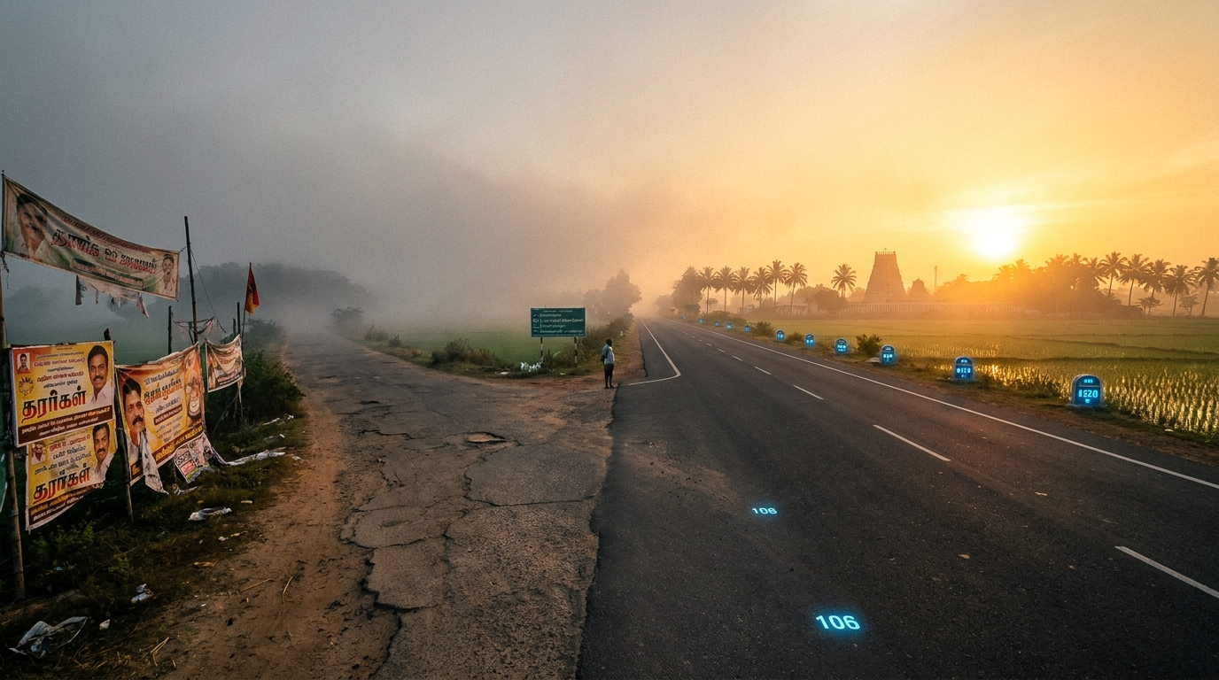 A crossroads at dawn in Tamil Nadu — one cracked road fading into fog, the other glowing toward a golden sunrise, with a temple gopuram silhouetted on the horizon