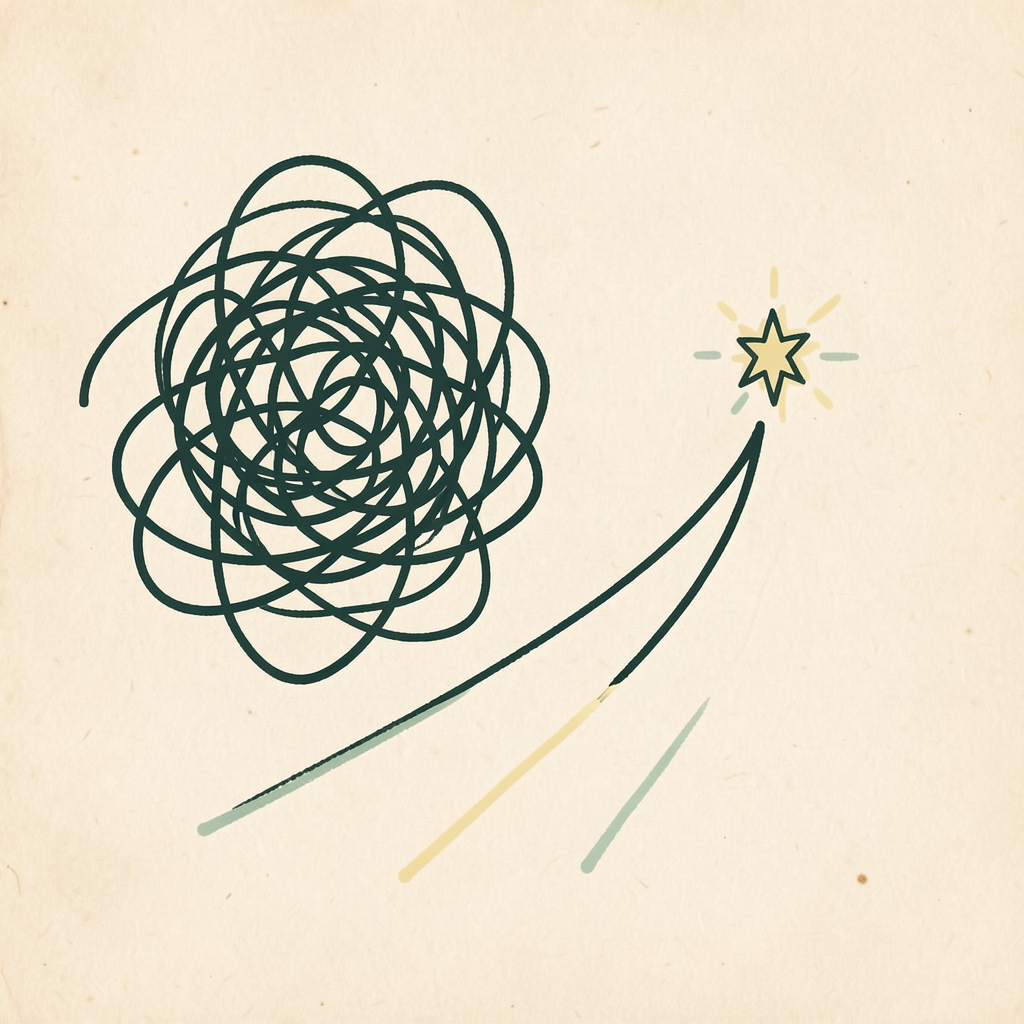 Hand drawn icon of tangled lines becoming a clear path