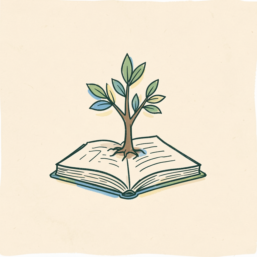 Hand drawn icon of a sprouting tree growing from a notebook
