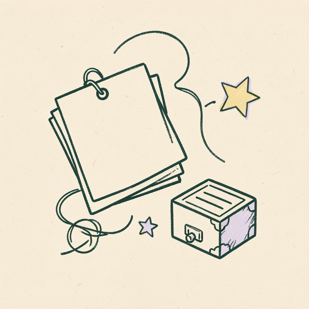 Hand drawn icon of index cards connected by thread