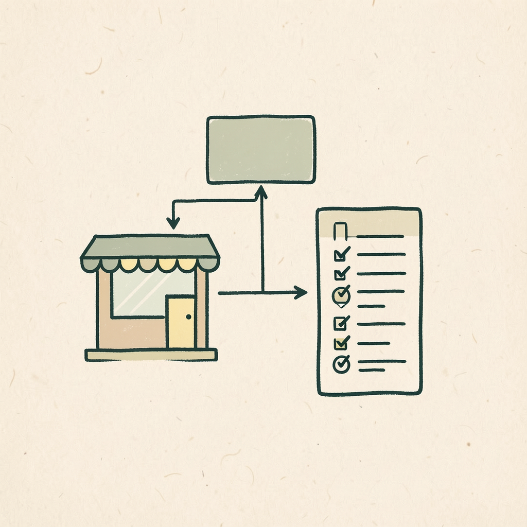 Hand drawn icon of a flowchart connected to a storefront