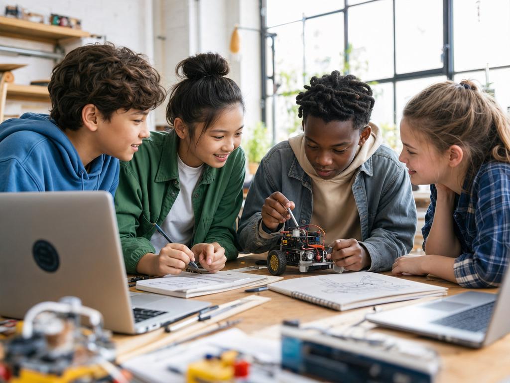 Four children gathered around a table deep in a shared project — laptops, sketchbooks, and a small robot between them