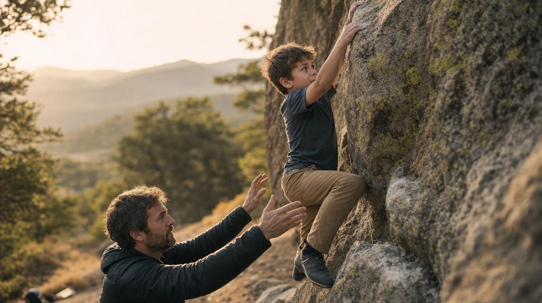 A parent spotting a child climbing a boulder — hands close, ready to catch, letting the child do the work