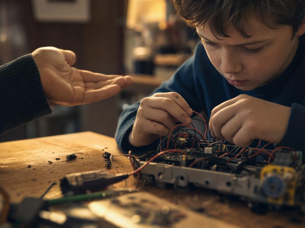 A child's hands working on a difficult hands-on project while an adult's open hand hovers nearby, choosing not to take over