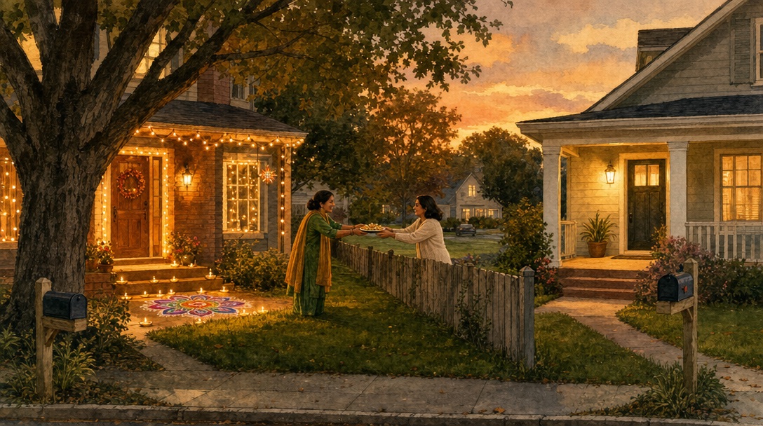 A suburban American street where two worlds meet — a Diwali celebration visible through one home's windows while a neighbor reads a noise ordinance notice on their porch