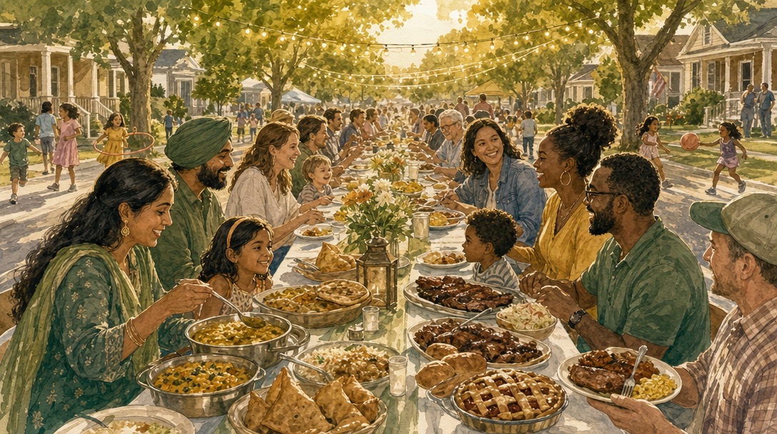 A watercolor illustration of a neighborhood block party where diverse families share food across a long table set up on a suburban street, string lights overhead