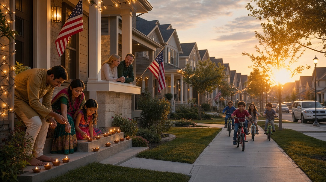 Two neighbors exchanging a plate of food over a low fence at dusk — one house lit with Diwali lights, the other with a porch lamp