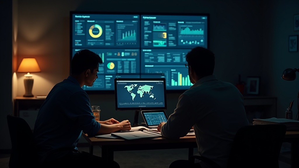 A Tamil Nadu newsroom with data dashboards showing government performance metrics
