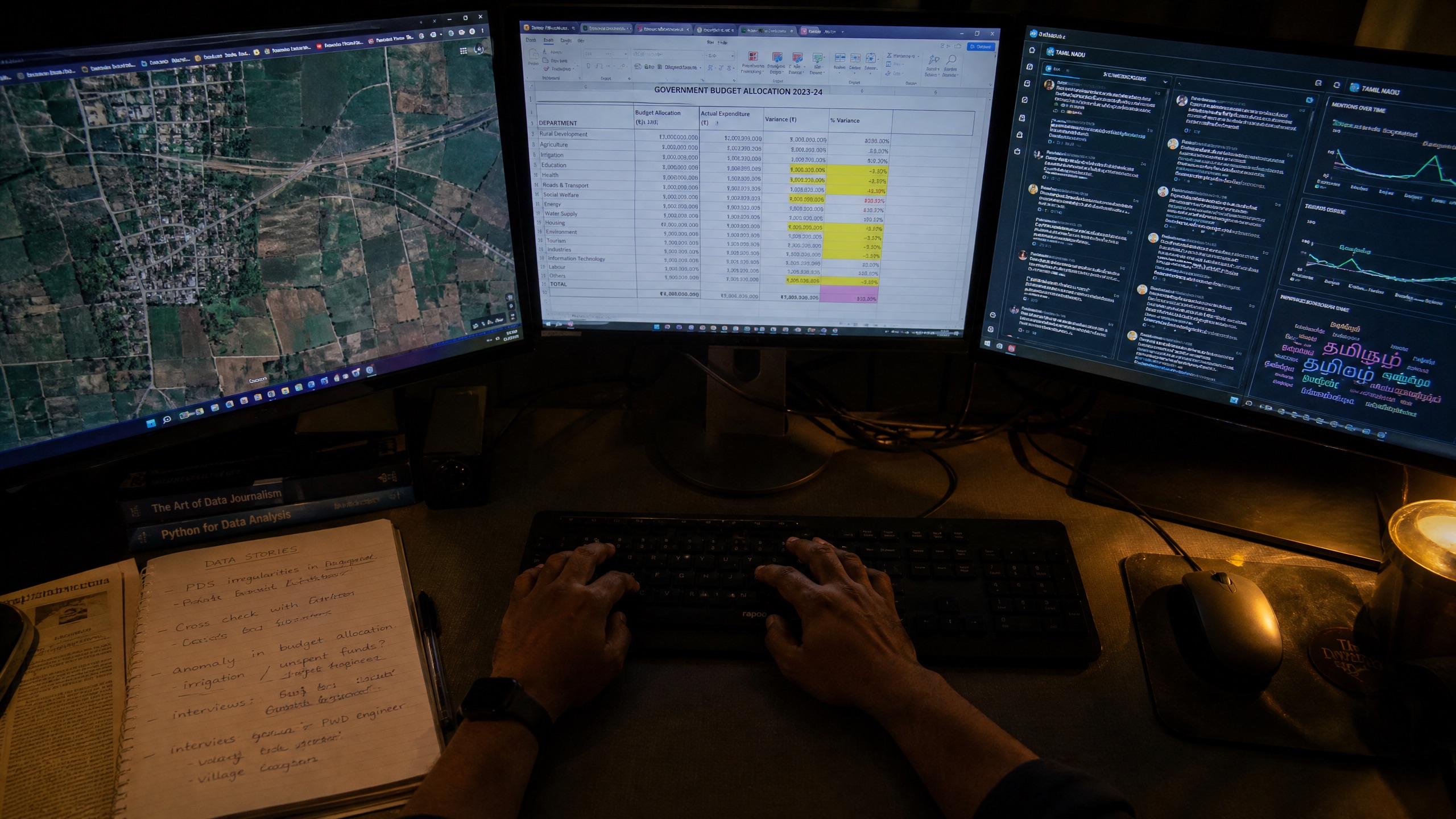 A data journalist's workspace with multiple monitors showing satellite imagery, budget data, and social media dashboards