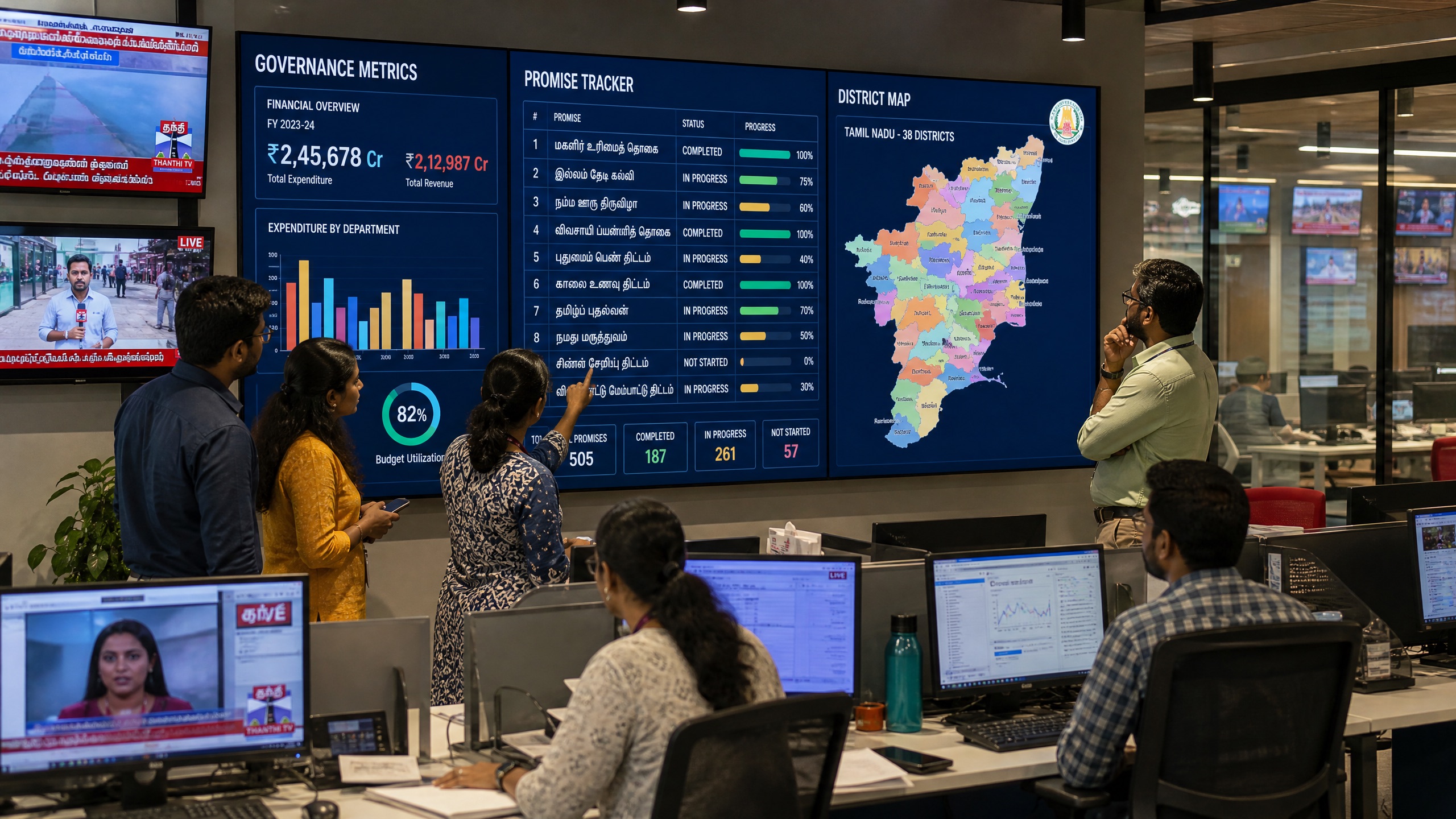 A modern newsroom with journalists collaborating around a digital governance dashboard displaying district maps and metrics