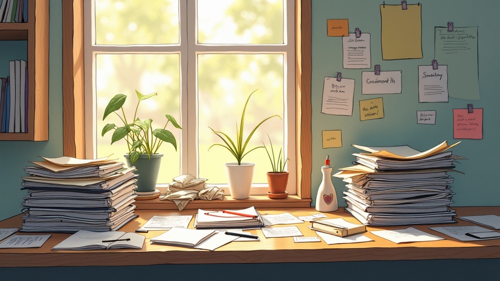 A desk transforming from cluttered chaos to clean organization — papers, notes, and coffee on one side, neat folders and a clear surface on the other