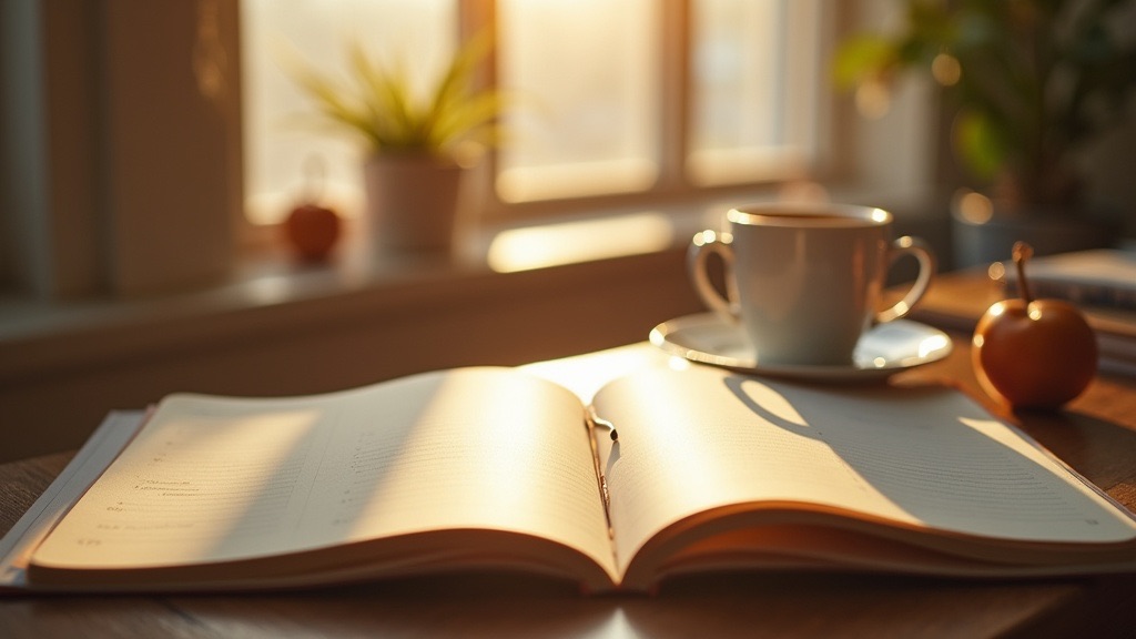 A morning ritual — an open journal beside a cup of coffee in soft natural light
