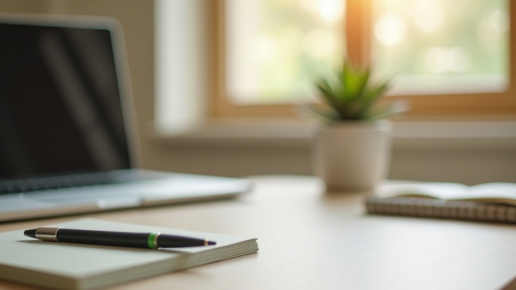 A clean, organized workspace with a laptop, succulent plant, and notebook in soft natural light