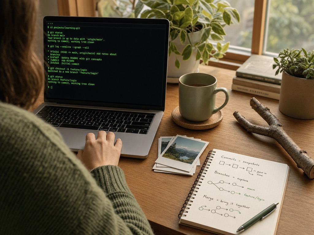 A warm desk scene with a laptop showing a terminal, surrounded by polaroid snapshots and a branching twig