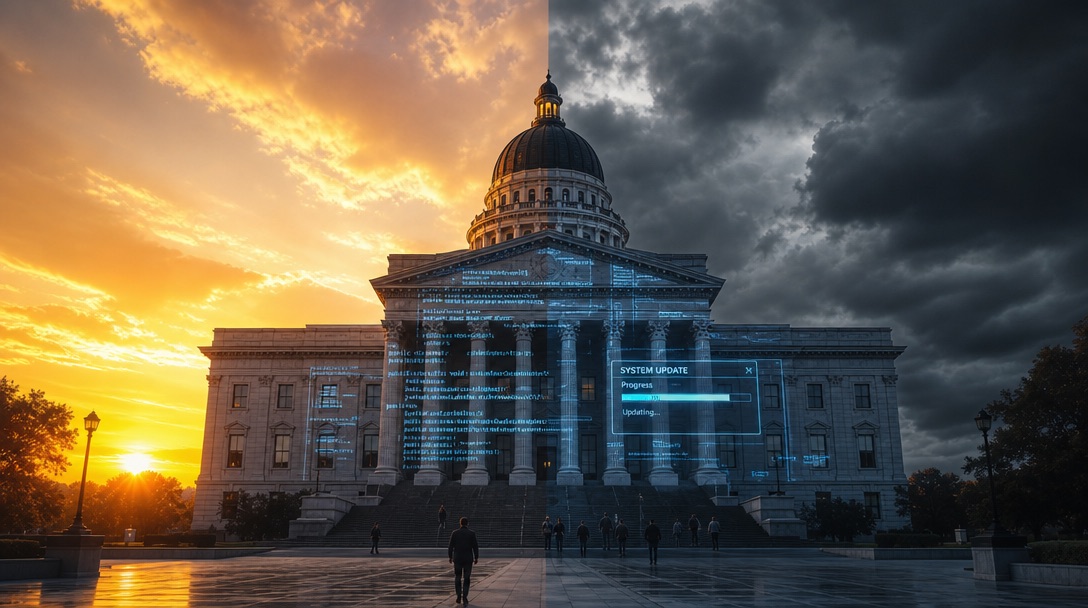A state capitol building with a digital code overlay, sky split between sunrise and storm clouds