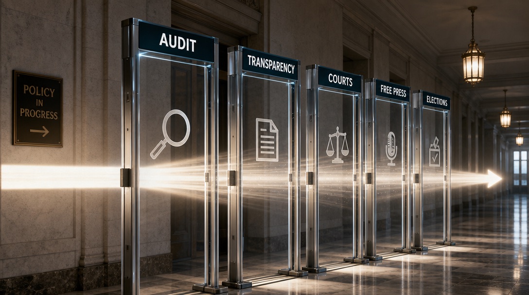 A series of transparent checkpoint gates in a government hallway, each representing a democratic safeguard like audits, transparency, courts, and free press