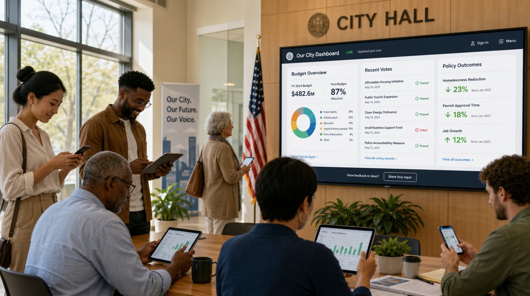 Diverse citizens in a modern town hall using tablets and smartphones to view a real-time government dashboard