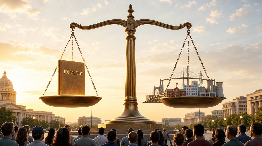 A balanced scale in a public square with a glowing book of ideology on one side and symbols of infrastructure on the other, citizens watching
