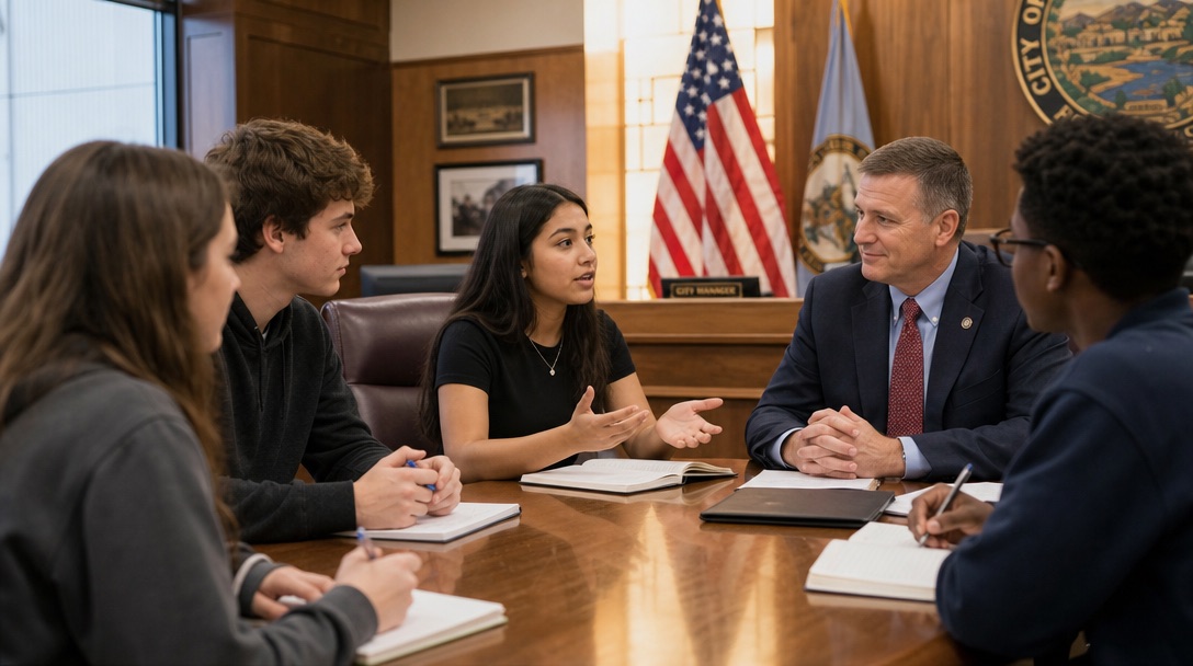 Students meeting with a local official in a city hall meeting room, engaged in civic discussion