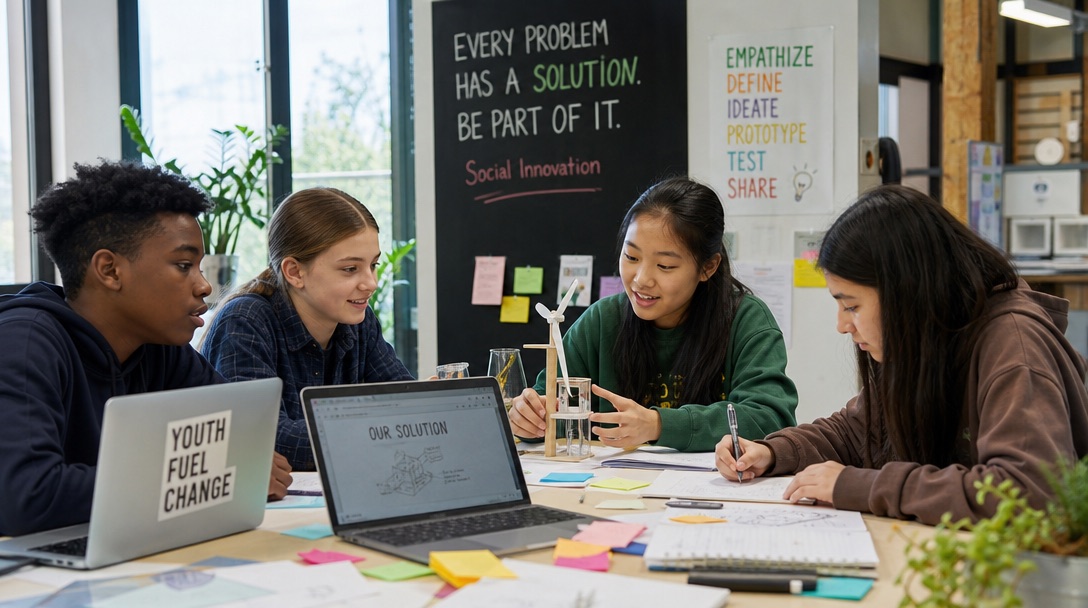 Students working together on a social entrepreneurship project with laptops, sketchbooks, and sticky notes in a bright makerspace