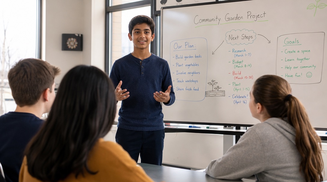 A teenage student confidently presenting a project plan to peers in a bright community center