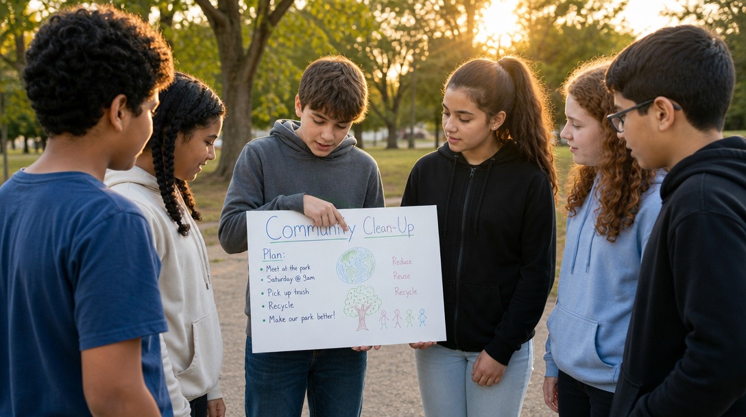 Diverse middle school students collaborating on a community project outdoors