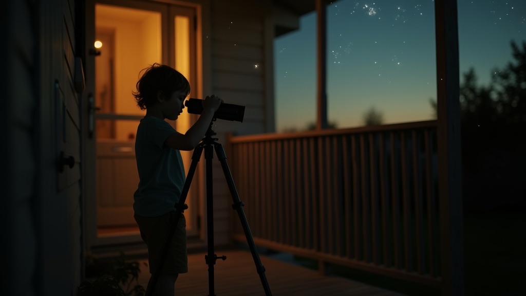 A child peering through a telescope on a porch at twilight, silhouetted against emerging stars
