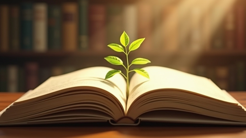 A stack of books with a small green plant sprouting between the pages, symbolizing organic growth through learning