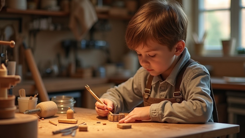 A child building something at a workbench, hands engaged with tools and materials, focused concentration
