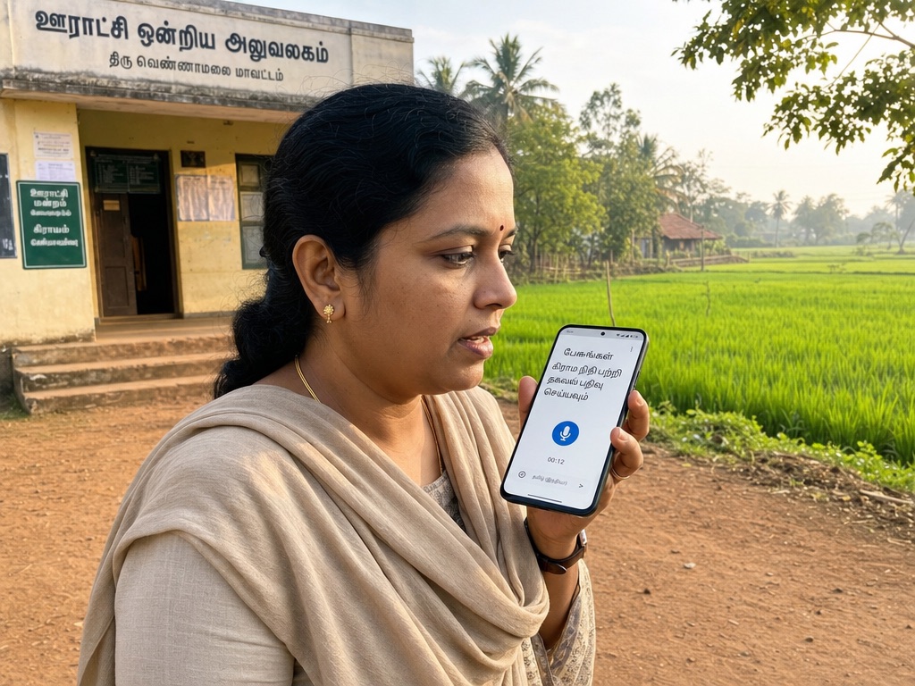 A village-level government officer using a smartphone with voice-to-text AI interface in a rural Tamil Nadu setting