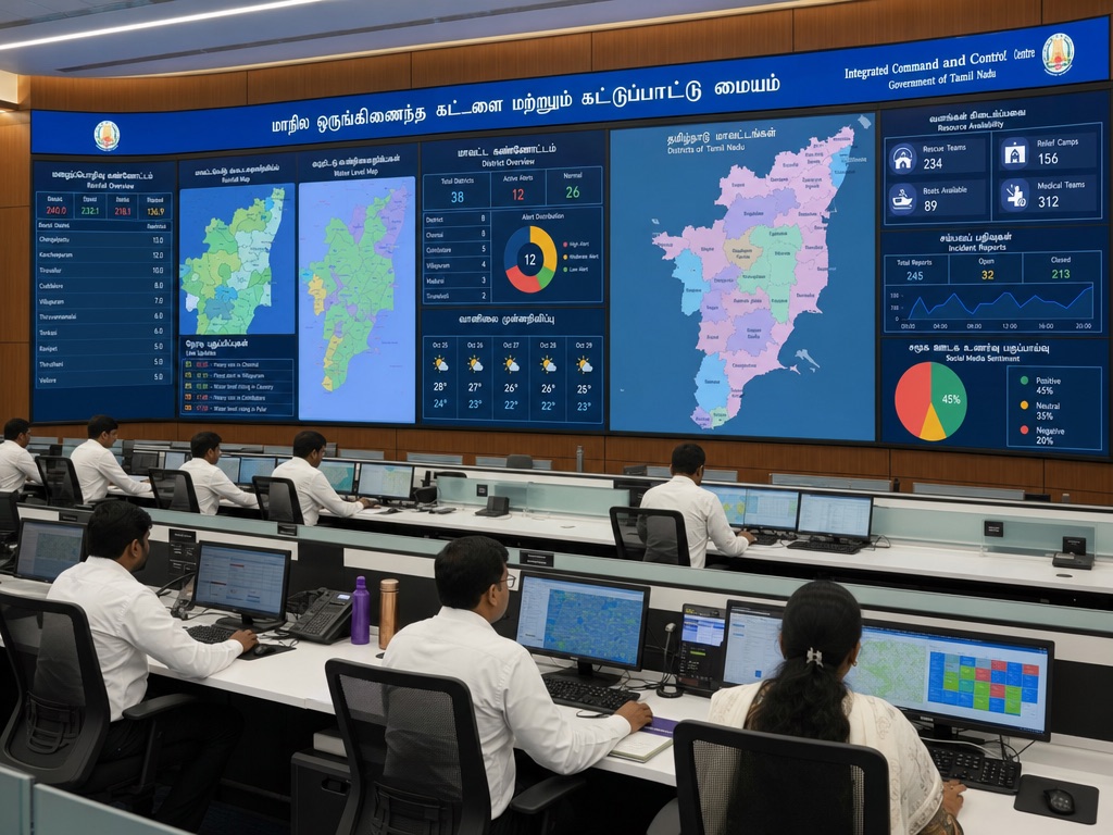 A government operations control room with large screens showing real-time analytics dashboards