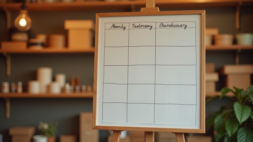 A small shop interior with a whiteboard showing a simple daily schedule in neat columns