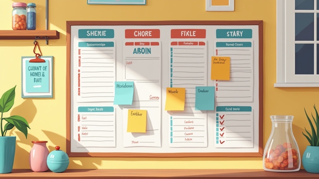A family planning board on a kitchen wall with color-coded cards and notes
