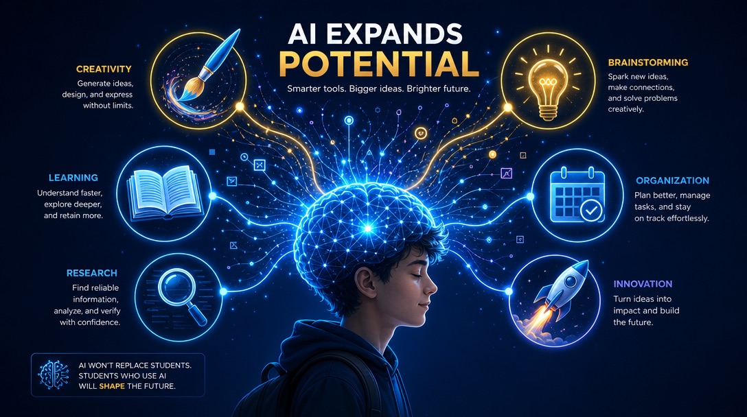 A visual concept of a student brain expanding with glowing connections to icons representing AI use cases: creativity, learning, brainstorming, organization, research, and innovation
