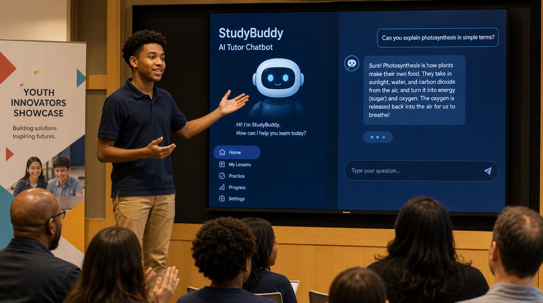 A teenager confidently presenting their AI project on a large screen to an audience of parents and peers