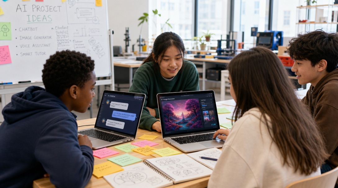 Diverse middle school students collaborating on an AI project around a table with laptops and sketchbooks in a bright makerspace