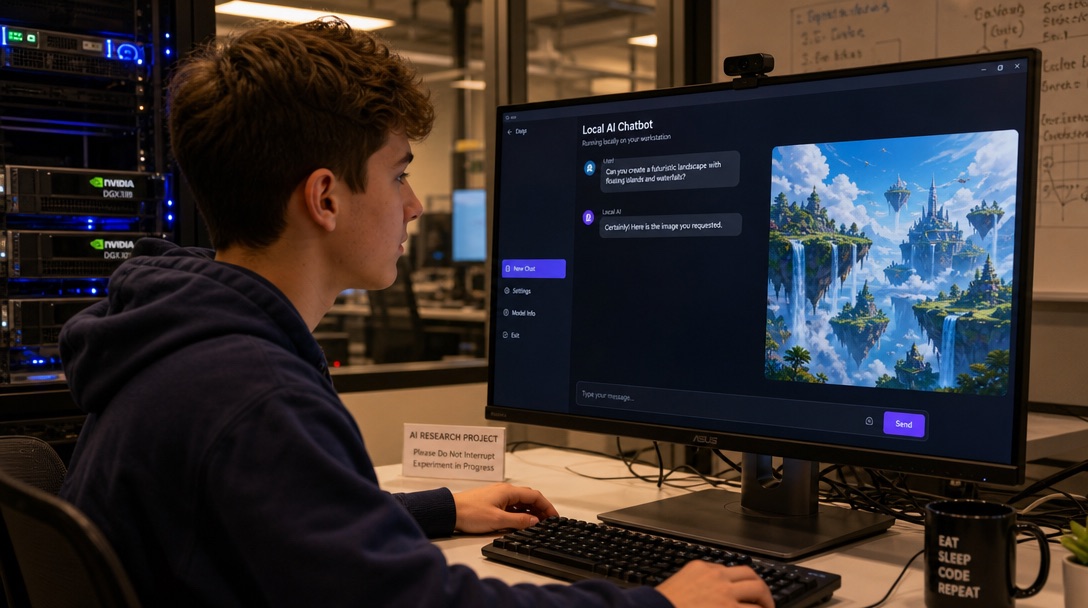 A teenage student at an AI workstation with GPU server rack in the background