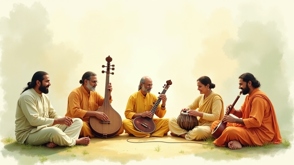 Musicians from different Indian traditions playing together in a raga ensemble, each instrument distinct but harmonizing