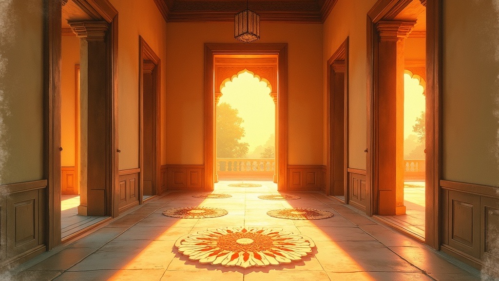 A warmly lit house with many rooms visible through open doorways, each room glowing with a different quality of light