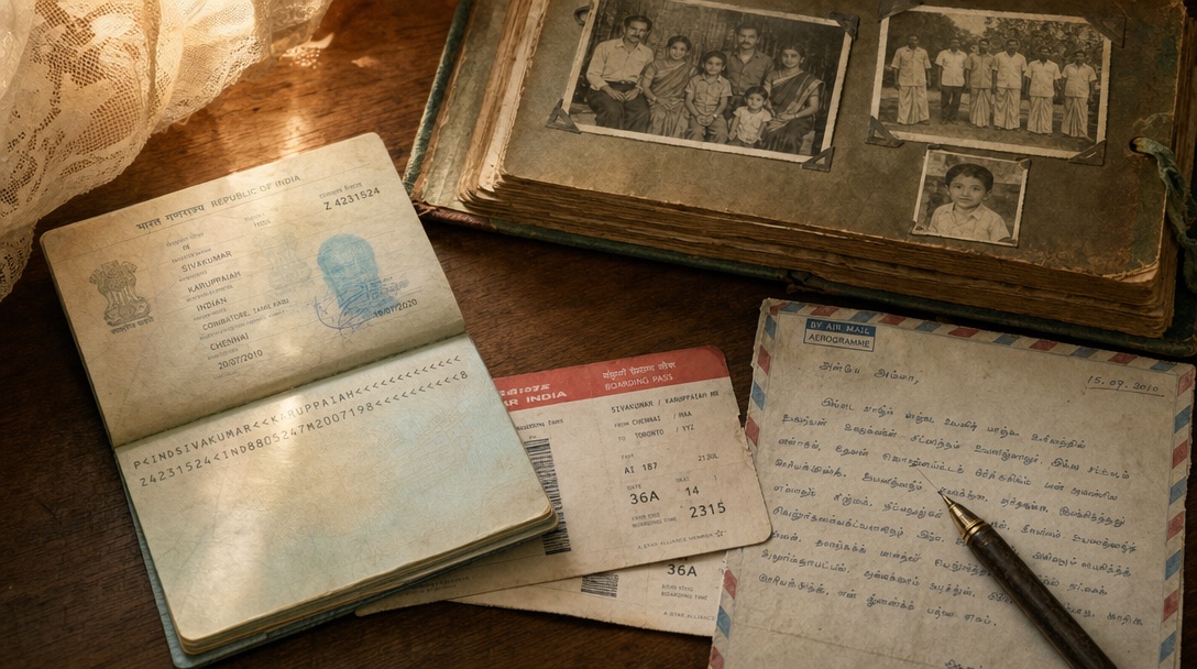 A passport lying open on a wooden table next to a worn family photo album, with old letters scattered around