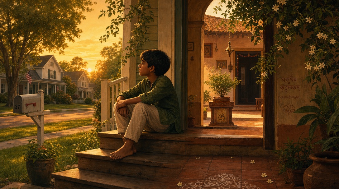 A child sitting on a porch between two worlds — suburban American yard on one side, Indian courtyard with kolam on the other