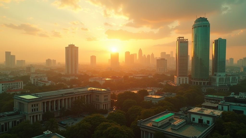 A futuristic Chennai skyline in 2029 blending heritage with modern green tech infrastructure