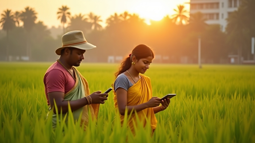 Tamil Nadu citizens connected by technology in 2029 — a farmer with a smartphone, a student with a tablet, modern and rural landscapes blending together