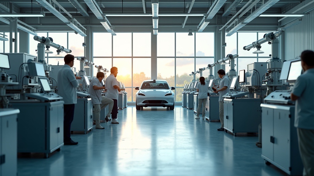 A modern high-tech electronics and EV manufacturing facility in Tamil Nadu with robotic automation and Indian workers