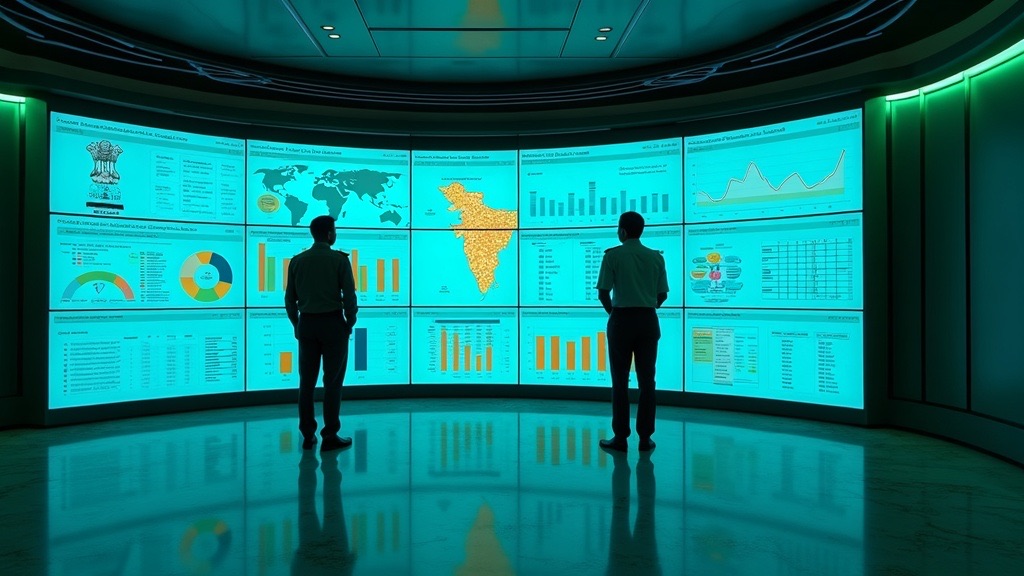 A government operations center in Tamil Nadu 2029 with large screens showing real-time economic dashboards and analytics